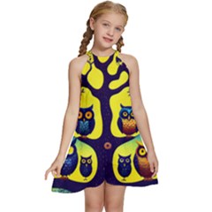 Owl Animal Cartoon Drawing Tree Nature Landscape Kids  Halter Collar Waist Tie Chiffon Dress by Uceng