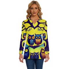 Owl Animal Cartoon Drawing Tree Nature Landscape Long Sleeve Drawstring Hooded Top