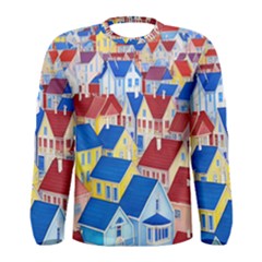 City Houses Cute Drawing Landscape Village Men s Long Sleeve Tee