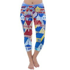 City Houses Cute Drawing Landscape Village Capri Winter Leggings 