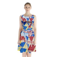 City Houses Cute Drawing Landscape Village Sleeveless Waist Tie Chiffon Dress by Uceng