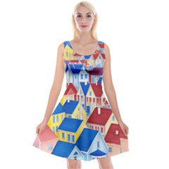 City Houses Cute Drawing Landscape Village Reversible Velvet Sleeveless Dress