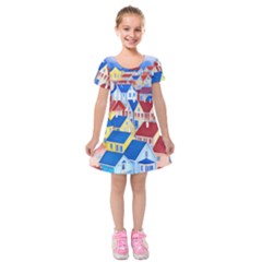 City Houses Cute Drawing Landscape Village Kids  Short Sleeve Velvet Dress