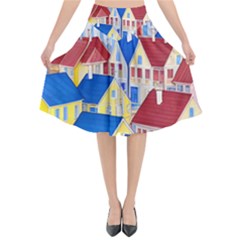 City Houses Cute Drawing Landscape Village Flared Midi Skirt by Uceng