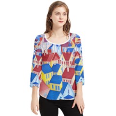 City Houses Cute Drawing Landscape Village Chiffon Quarter Sleeve Blouse by Uceng