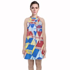 City Houses Cute Drawing Landscape Village Velvet Halter Neckline Dress 