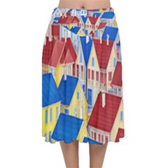 City Houses Cute Drawing Landscape Village Velvet Flared Midi Skirt