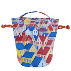 City Houses Cute Drawing Landscape Village Drawstring Bucket Bag by Uceng