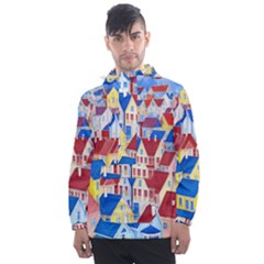 City Houses Cute Drawing Landscape Village Men s Front Pocket Pullover Windbreaker