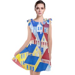 City Houses Cute Drawing Landscape Village Tie Up Tunic Dress by Uceng