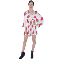 Strawberry V-neck Flare Sleeve Mini Dress by SychEva