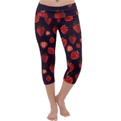 Watercolor Strawberry Capri Yoga Leggings by SychEva