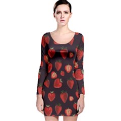 Watercolor Strawberry Long Sleeve Velvet Bodycon Dress by SychEva