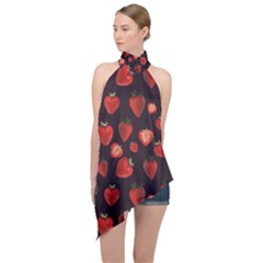 Watercolor Strawberry Halter Asymmetric Satin Top by SychEva