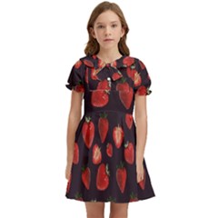 Watercolor Strawberry Kids  Bow Tie Puff Sleeve Dress by SychEva