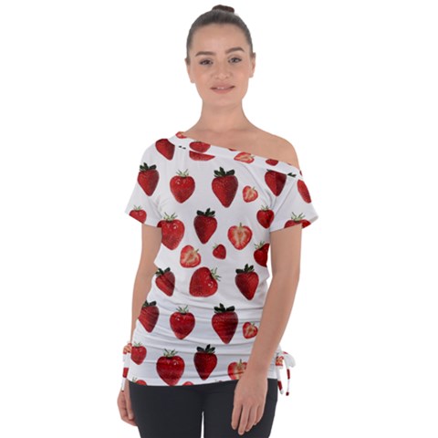 Strawberry Watercolor Off Shoulder Tie-up Tee by SychEva