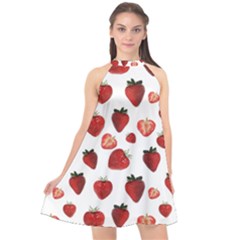 Strawberry Watercolor Halter Neckline Chiffon Dress  by SychEva