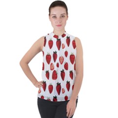 Strawberry Watercolor Mock Neck Chiffon Sleeveless Top by SychEva