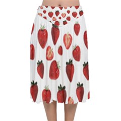 Strawberry Watercolor Velvet Flared Midi Skirt by SychEva