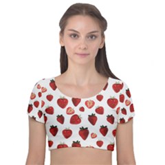 Strawberry Watercolor Velvet Short Sleeve Crop Top  by SychEva