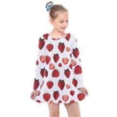 Strawberry Watercolor Kids  Long Sleeve Dress by SychEva