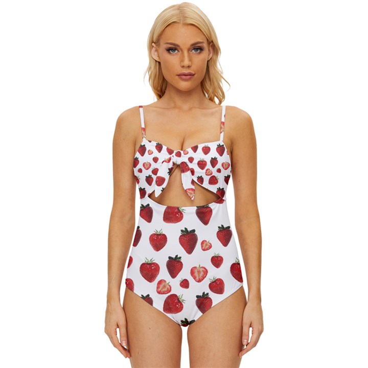 Strawberry Watercolor Knot Front One-Piece Swimsuit