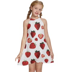 Strawberry Watercolor Kids  Halter Collar Waist Tie Chiffon Dress by SychEva