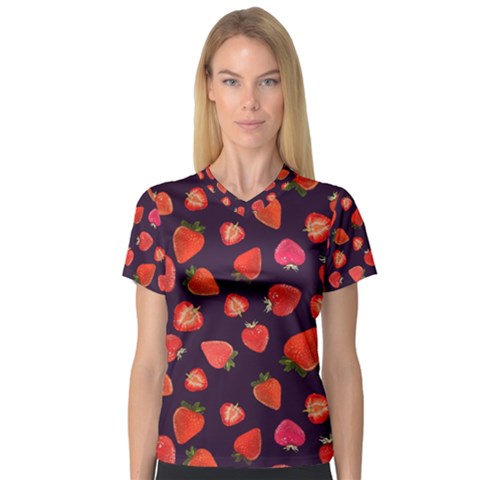 Strawberry On Black V-neck Sport Mesh Tee by SychEva