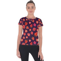 Strawberry On Black Short Sleeve Sports Top  by SychEva