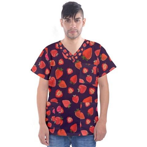 Strawberry On Black Men s V-neck Scrub Top by SychEva