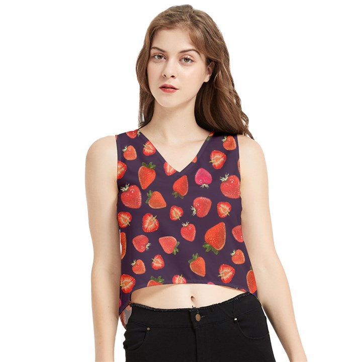 Strawberry On Black V-Neck Cropped Tank Top