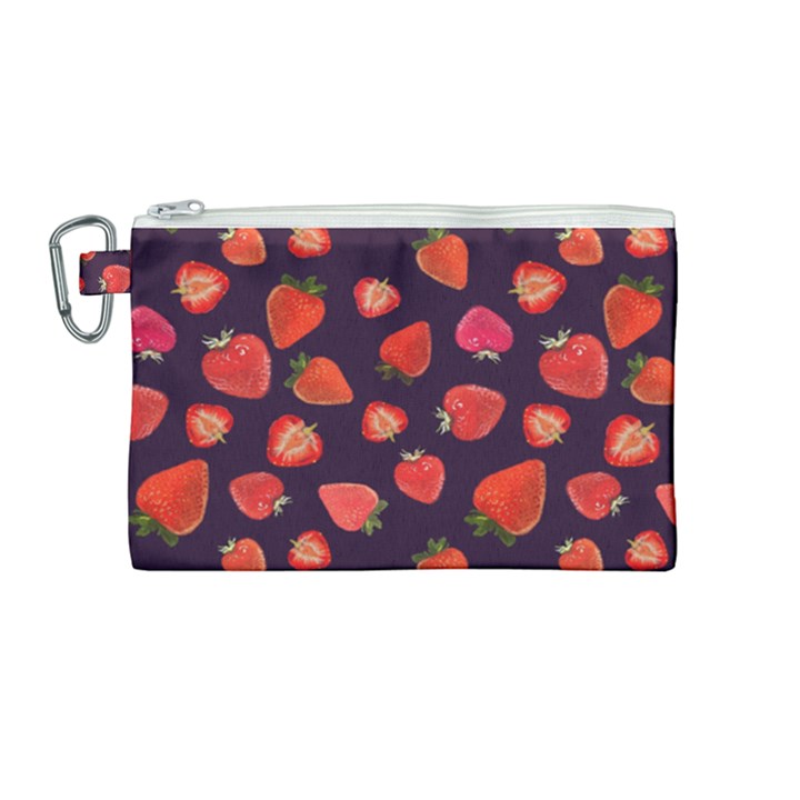 Strawberry On Black Canvas Cosmetic Bag (Medium)