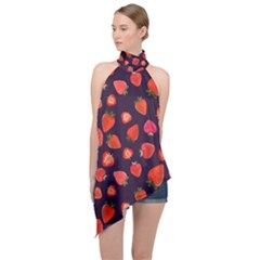 Strawberry On Black Halter Asymmetric Satin Top by SychEva