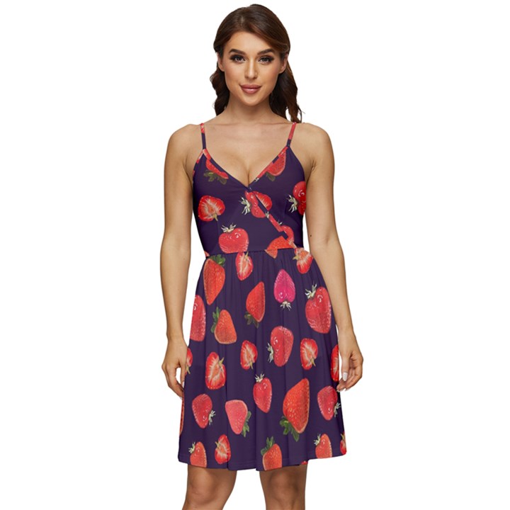 Strawberry On Black V-Neck Pocket Summer Dress 