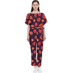 Strawberry On Black Batwing Lightweight Chiffon Jumpsuit by SychEva