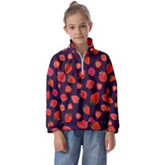 Strawberry On Black Kids  Half Zip Hoodie by SychEva