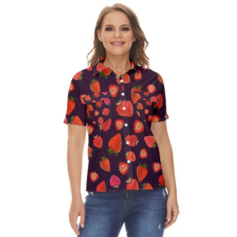 Strawberry On Black Women s Short Sleeve Double Pocket Shirt by SychEva