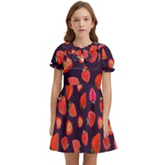 Strawberry On Black Kids  Bow Tie Puff Sleeve Dress by SychEva