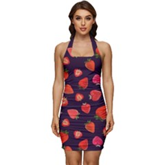 Strawberry On Black Sleeveless Wide Square Neckline Ruched Bodycon Dress by SychEva