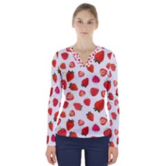 Strawberries V-neck Long Sleeve Top by SychEva