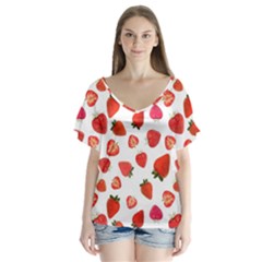 Strawberries V-neck Flutter Sleeve Top by SychEva