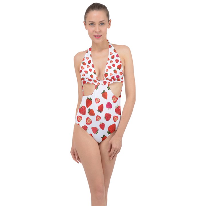 Strawberries Halter Front Plunge Swimsuit