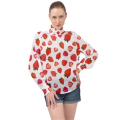 Strawberries High Neck Long Sleeve Chiffon Top by SychEva