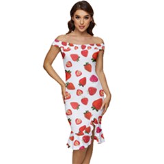 Strawberries Off Shoulder Ruffle Split Hem Bodycon Dress by SychEva