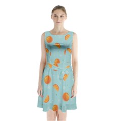 Oranges Pattern Sleeveless Waist Tie Chiffon Dress by SychEva