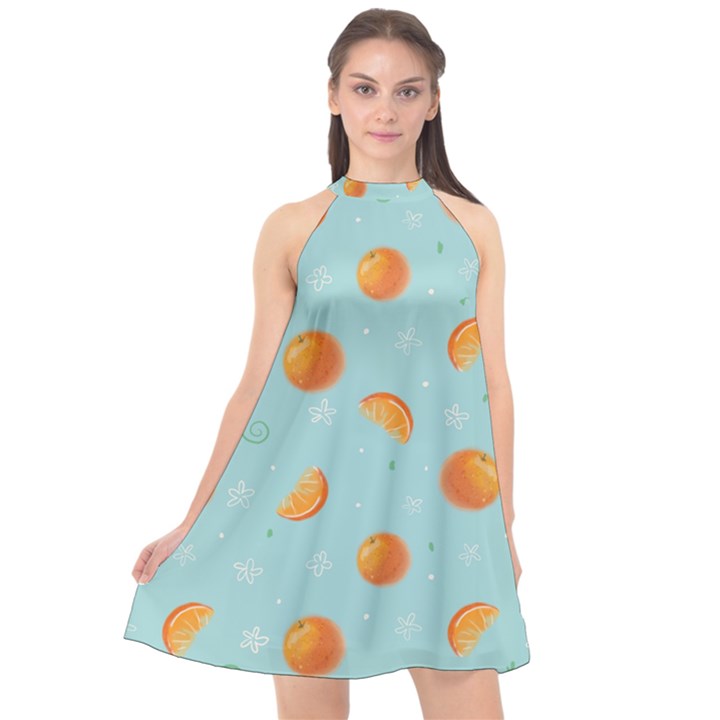 Oranges Pattern Halter Neckline Chiffon Dress 