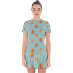 Oranges Pattern Drop Hem Mini Chiffon Dress by SychEva