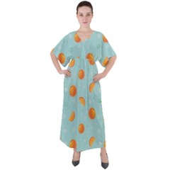 Oranges Pattern V-neck Boho Style Maxi Dress by SychEva