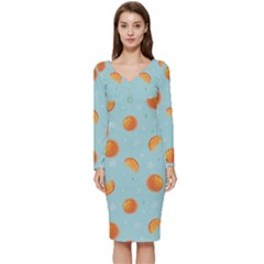 Oranges Pattern Long Sleeve V-neck Bodycon Dress  by SychEva