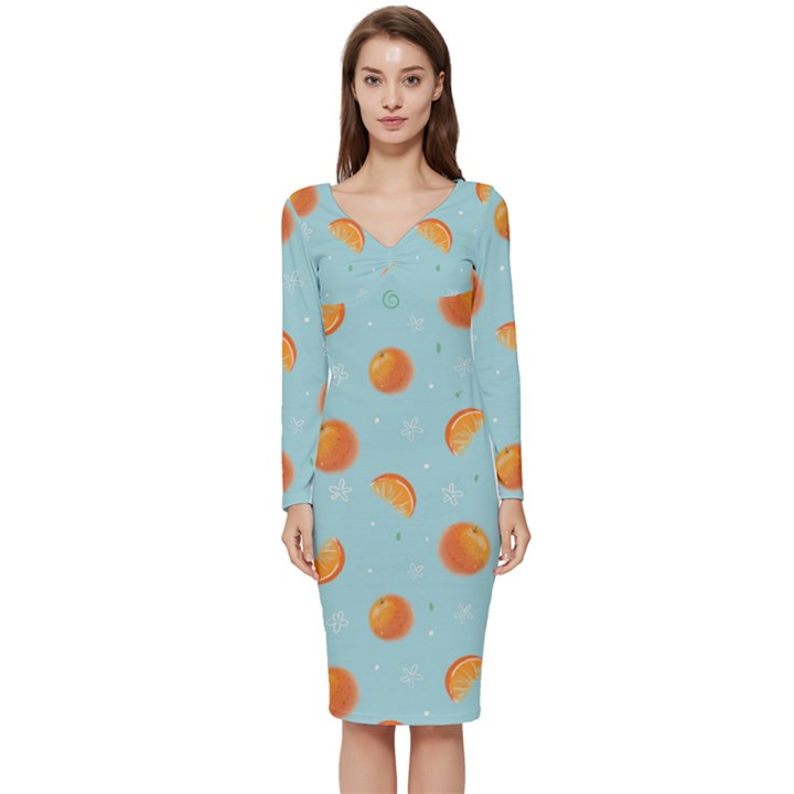 Oranges Pattern Long Sleeve V-Neck Bodycon Dress 